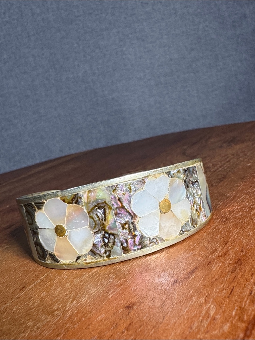 Silver Floral Shell Inlay Cuff Bracelet - Iridescent White Floral Design